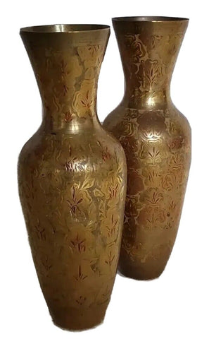 VINTAGE PAIR INDIAN BRASS VASES Water Jugs Brass Etched Hand Painted 1972