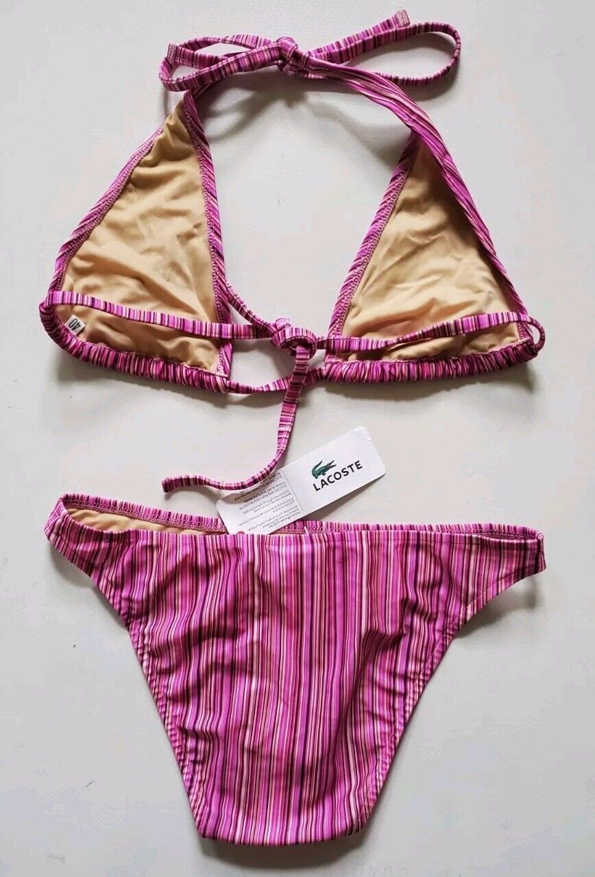 LACOSTE Bikini Swimsuit 2 Piece Halter Neck Size S Pink Striped New With Pouch