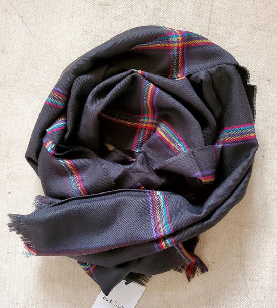 PAUL SMITH SCARF Mens Cashmere Wool Artist Check Grey Made in UK Rrp £165