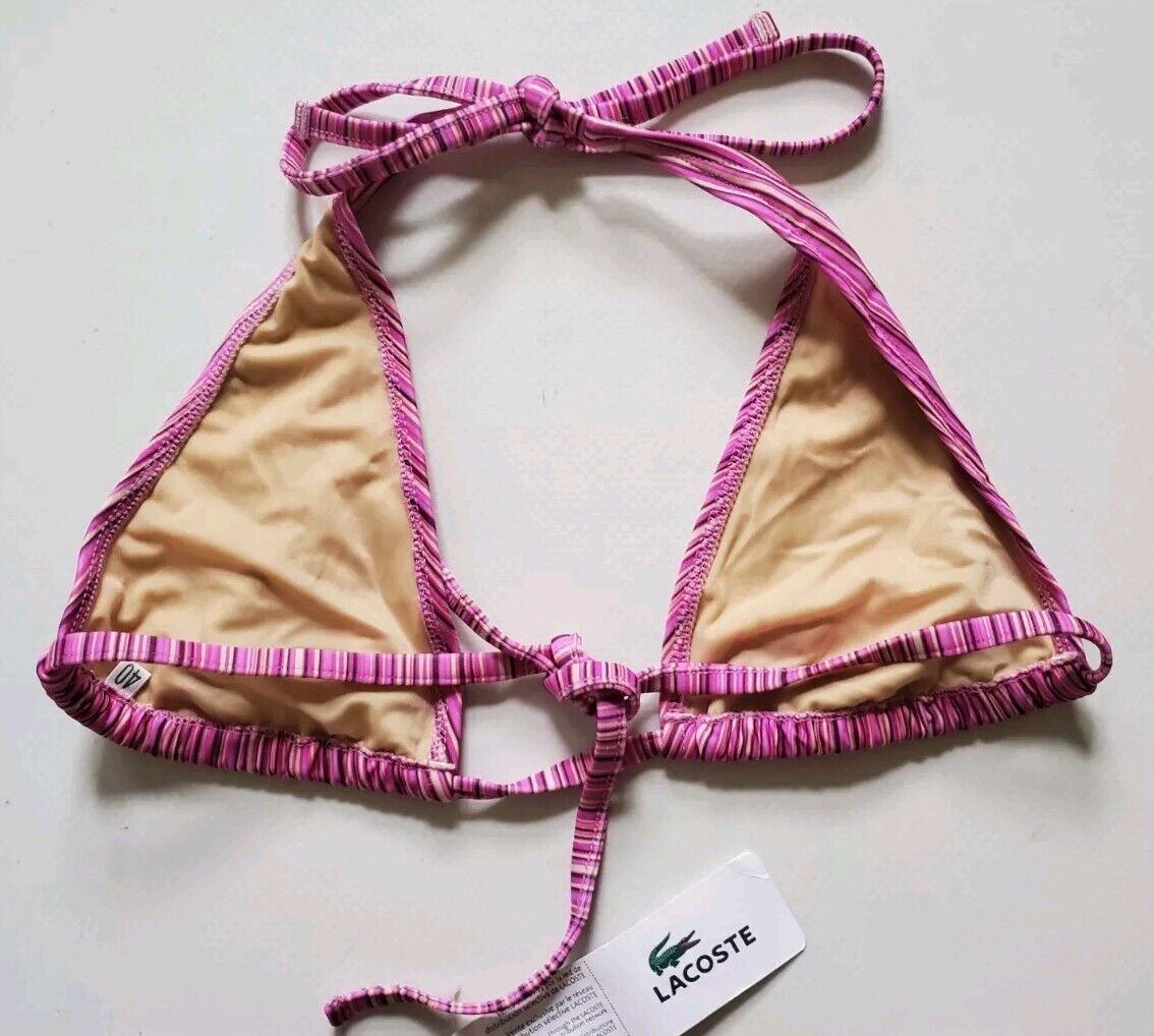 LACOSTE Bikini Swimsuit 2 Piece Halter Neck Size S Pink Striped New With Pouch