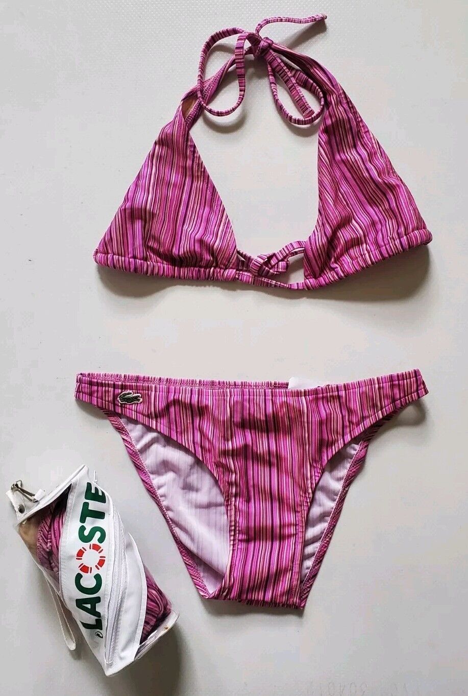 LACOSTE Bikini Swimsuit 2 Piece Halter Neck Size S Pink Striped New With Pouch