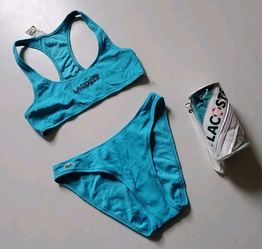 LACOSTE Bikini Swimsuit 2 Piece Size M Spellout Turquoise Blue New With Pouch