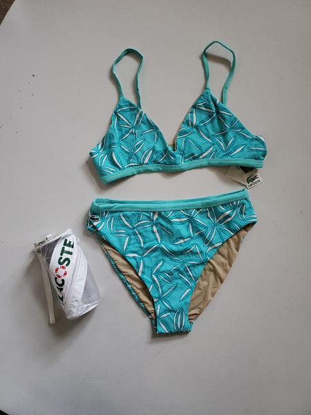 LACOSTE Bikini Swimsuit 2 Piece Size M Turquoise Blue Floral New With Pouch
