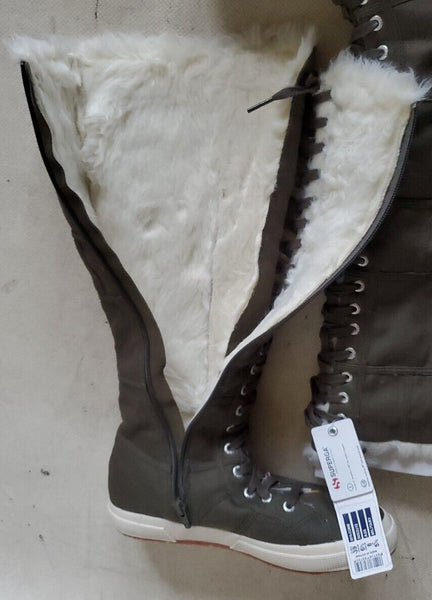 SUPERGA BOOTS Knee High Green Canvas Fur Lined Womens Uk 5.5 Eu 39 Rrp £160