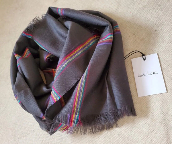 PAUL SMITH SCARF Mens Cashmere Wool Artist Check Grey Made in UK Rrp £165