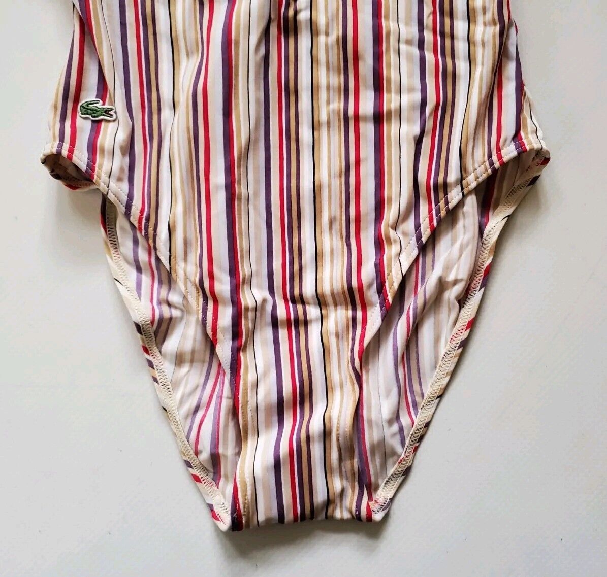 LACOSTE Swimsuit Swimming Costume 1 Piece Size XS Striped New With Pouch