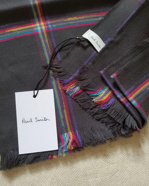 PAUL SMITH SCARF Mens Cashmere Wool Artist Check Grey Made in UK Rrp £165