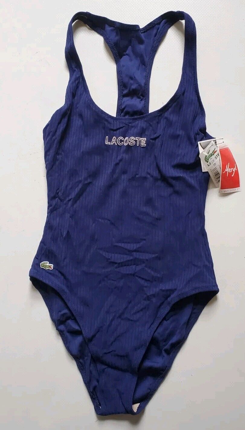 LACOSTE Swimsuit Swimming Costume 1 Piece Size 12 Blue Spellout New With Pouch