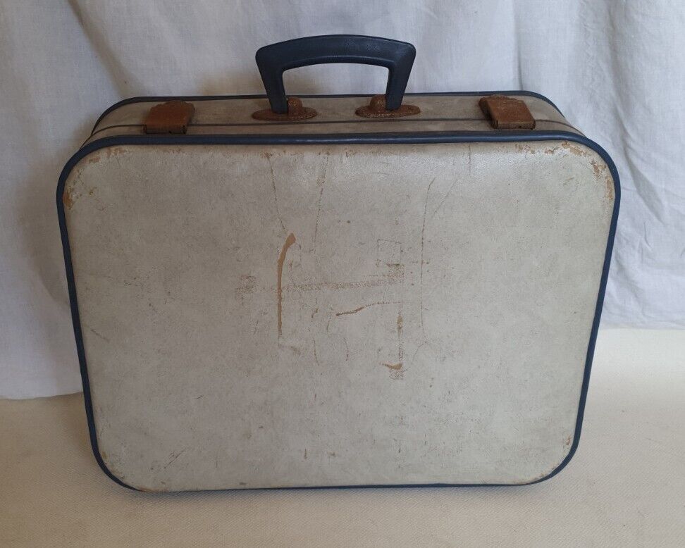 VINTAGE SUITCASE Cream Blue Small Original 1950's - Made In England