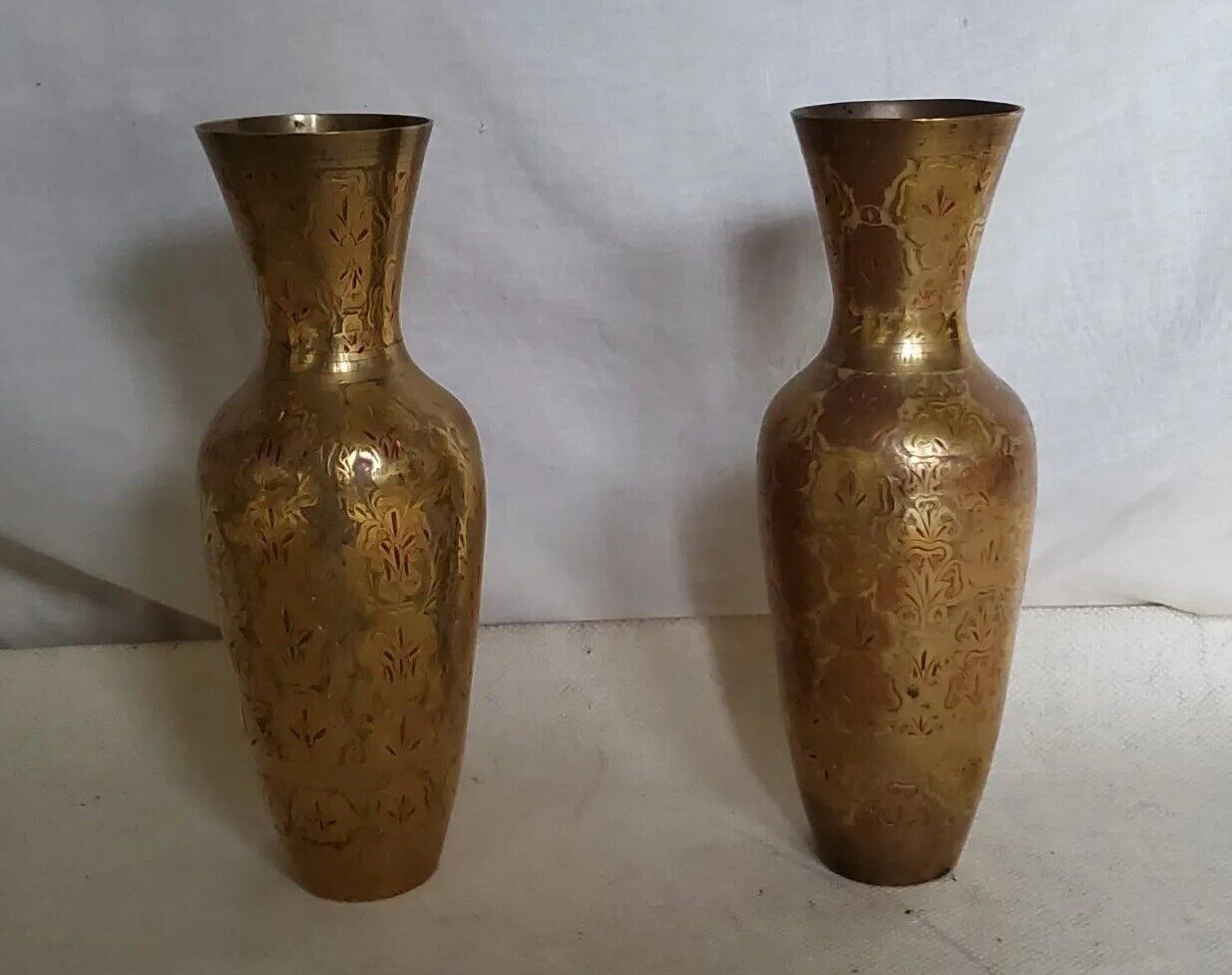 VINTAGE PAIR INDIAN BRASS VASES Water Jugs Brass Etched Hand Painted 1972