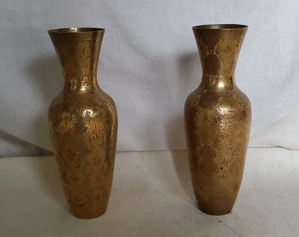 VINTAGE PAIR INDIAN BRASS VASES Water Jugs Brass Etched Hand Painted 1972