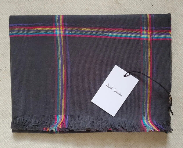 PAUL SMITH SCARF Mens Cashmere Wool Artist Check Grey Made in UK Rrp £165
