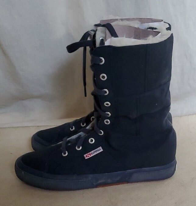 SUPERGA BOOTS Full Blue Canvas Fur Lined Womens Uk 7 Eu 41 Rrp £160