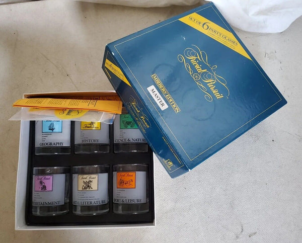 TRIVIAL PURSUIT GLASSES Tumblers Set Of 6 With Stirrers New Unused Vintage 80's
