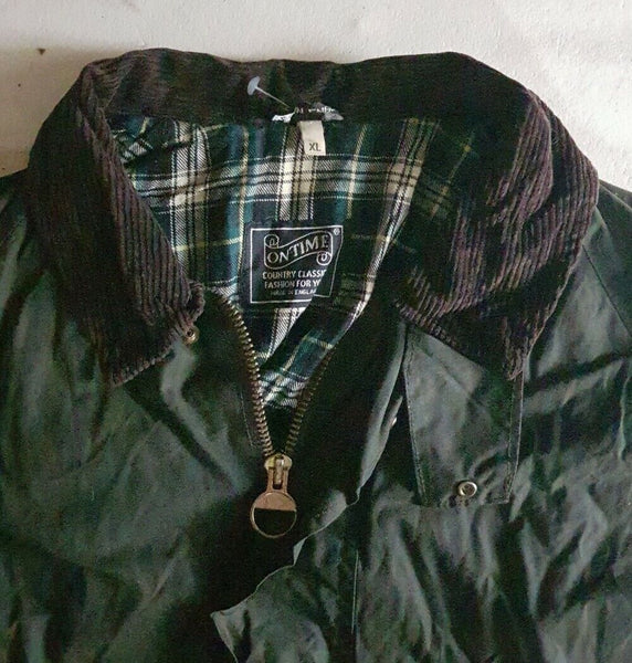 ON TIME Wax Jacket Coat Mens XL Green Waxed Cotton Vintage Made In UK (58)
