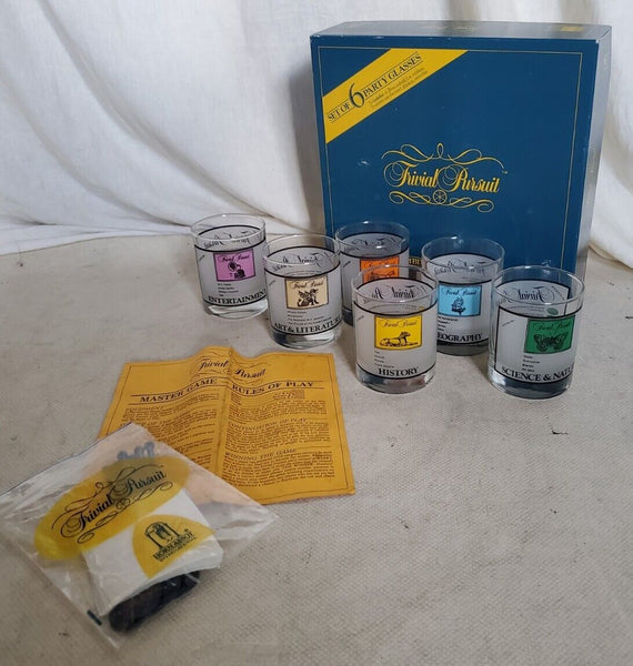 TRIVIAL PURSUIT GLASSES Tumblers Set Of 6 With Stirrers New Unused Vintage 80's