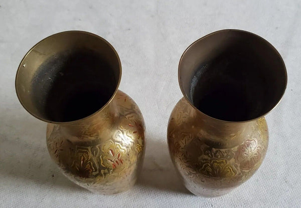VINTAGE PAIR INDIAN BRASS VASES Water Jugs Brass Etched Hand Painted 1972