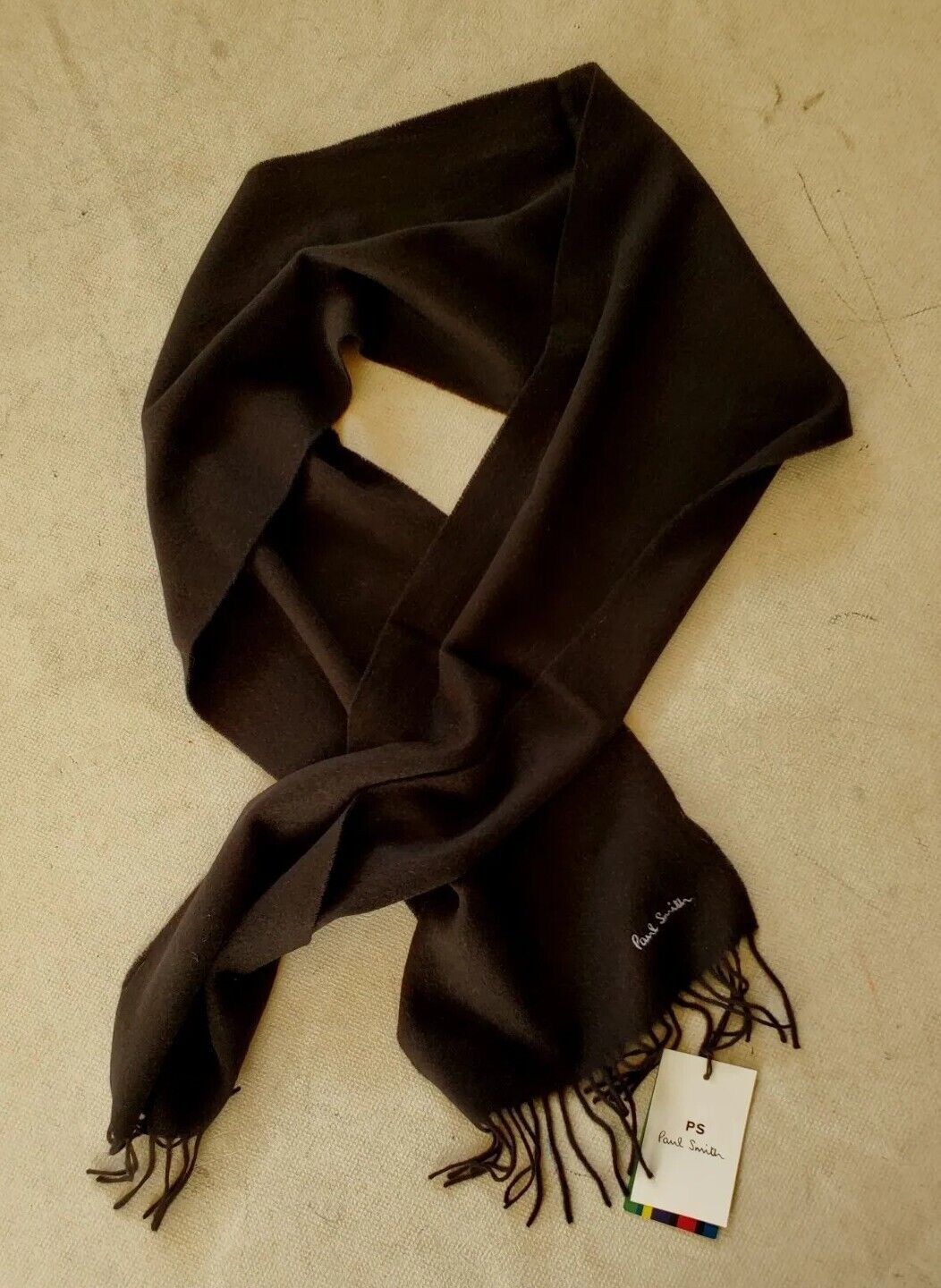 PAUL SMITH SCARF Mens Black Lambswool Grey Embroidered Logo Handmade UK Rp £120