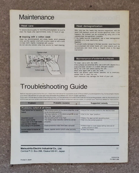 Technics RS-B205 Instruction Manual Stereo Cassette Recorder Player - English