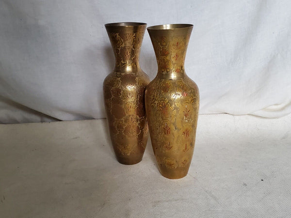 VINTAGE PAIR INDIAN BRASS VASES Water Jugs Brass Etched Hand Painted 1972