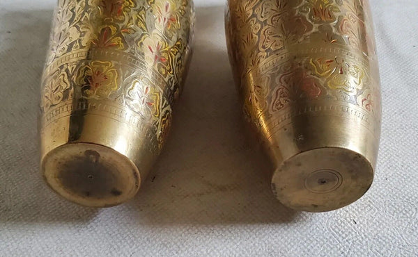 VINTAGE PAIR INDIAN BRASS VASES Water Jugs Brass Etched Hand Painted 1972