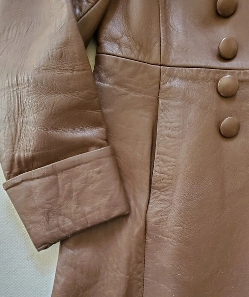 VINTAGE LEATHER COAT Womens S Milk Chocolate Brown 1970s Double Breasted