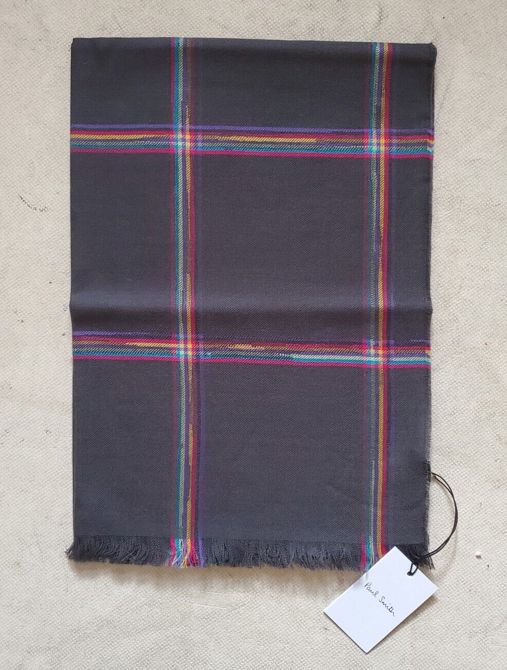 PAUL SMITH Pashmina Scarf Shawl Grey Check Cashmere Wool Made in UK Rrp £189