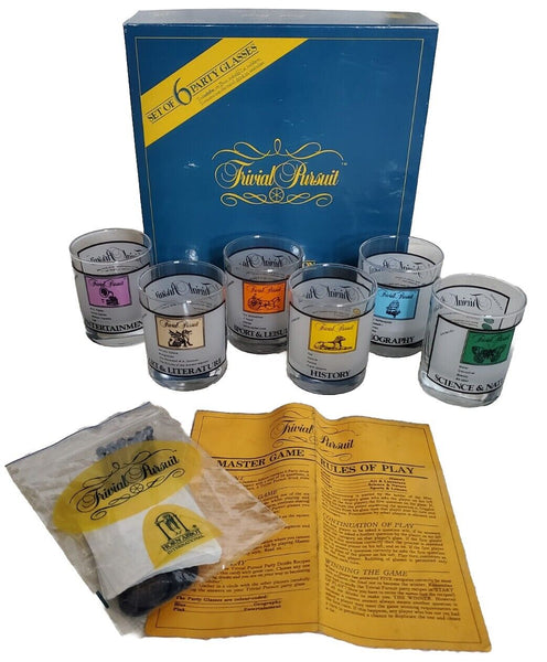 TRIVIAL PURSUIT GLASSES Tumblers Set Of 6 With Stirrers New Unused Vintage 80's