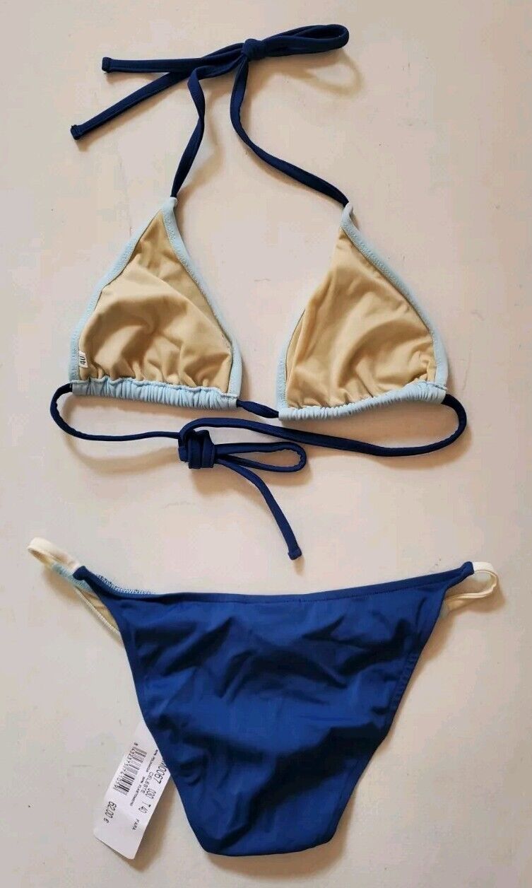 LACOSTE Bikini Swimsuit 2 Piece Size M Twotone Blue Halter Neck New With Pouch