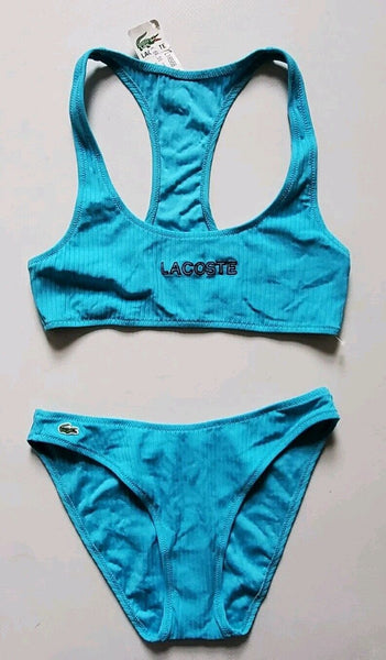 LACOSTE Bikini Swimsuit 2 Piece Size M Spellout Turquoise Blue New With Pouch