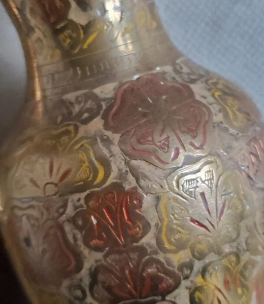 VINTAGE PAIR INDIAN BRASS VASES Water Jugs Brass Etched Hand Painted 1972