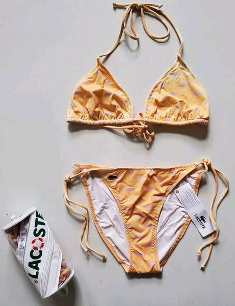 LACOSTE Bikini Swimsuit 2 Piece Halter Neck Size XS Peach Croc New With Pouch
