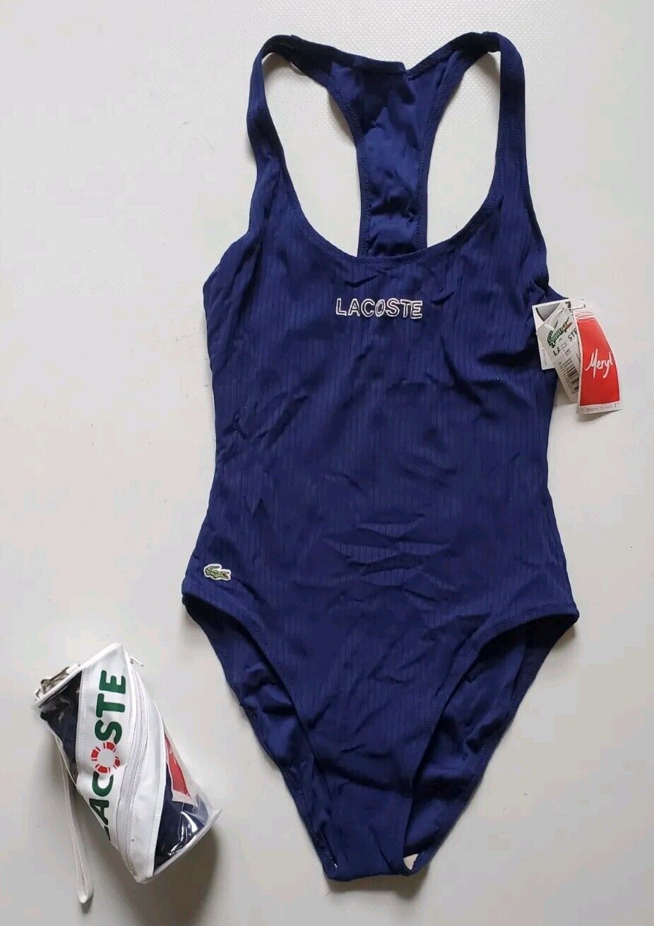 LACOSTE Swimsuit Swimming Costume 1 Piece Size 12 Blue Spellout New With Pouch