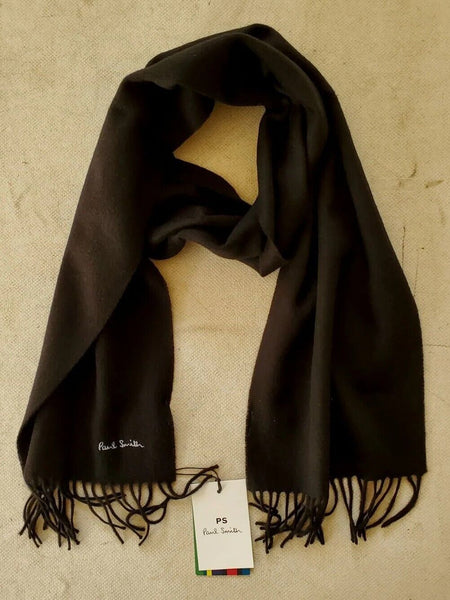 PAUL SMITH SCARF Mens Black Lambswool Grey Embroidered Logo Handmade UK Rp £120