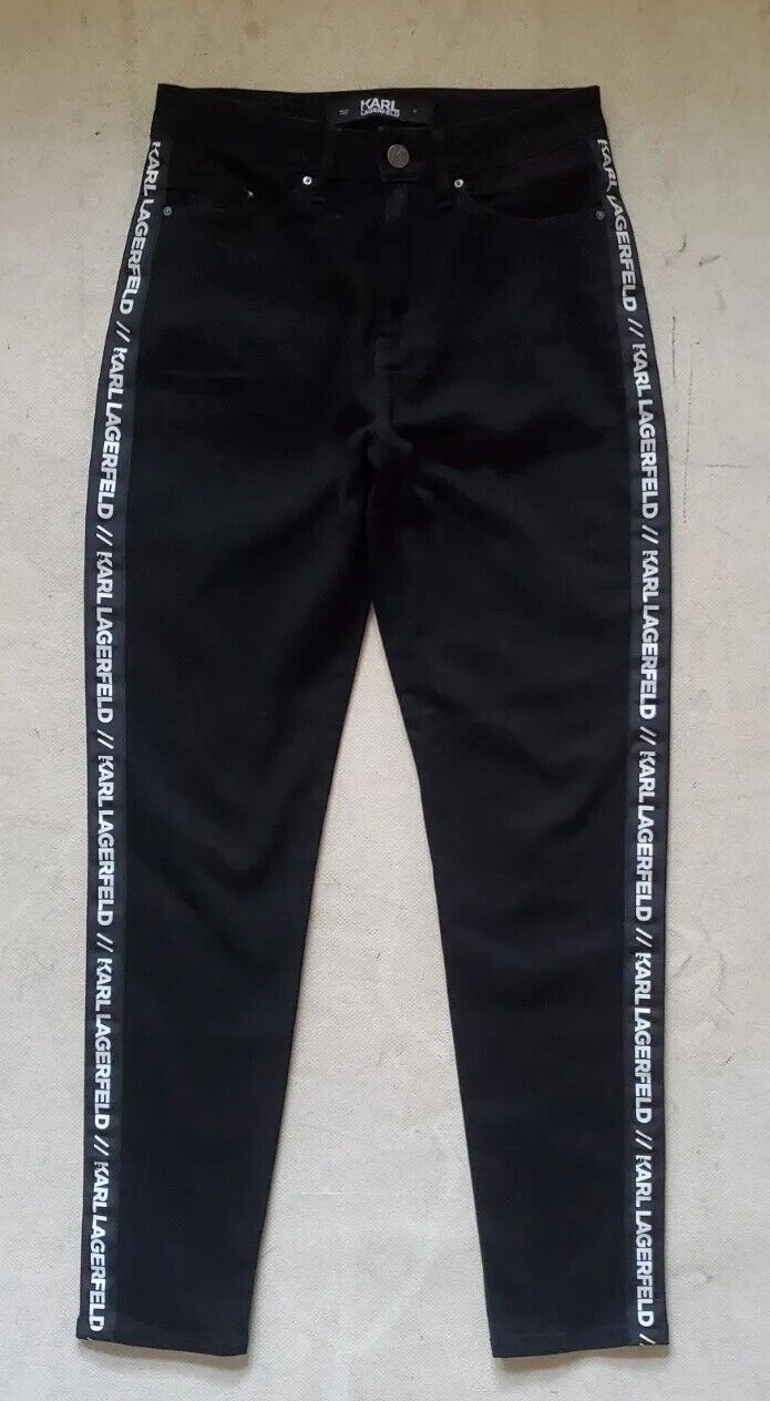 Womens KARL LAGERFELD JEANS W 27 L 30 Black Stretch White Stripe Logo Were €205