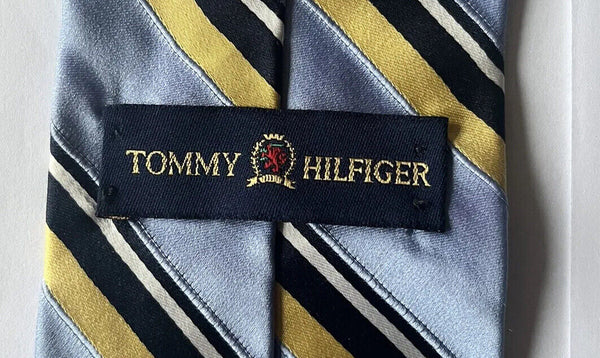 Vintage TOMMY HILFIGER TIE Silk Blue Gold Stripes Made in Usa Genuine 90's