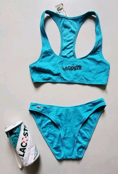 LACOSTE Bikini Swimsuit 2 Piece Size M Spellout Turquoise Blue New With Pouch