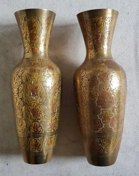 VINTAGE PAIR INDIAN BRASS VASES Water Jugs Brass Etched Hand Painted 1972