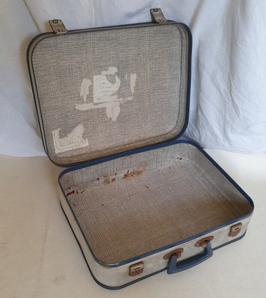 VINTAGE SUITCASE Cream Blue Small Original 1950's - Made In England