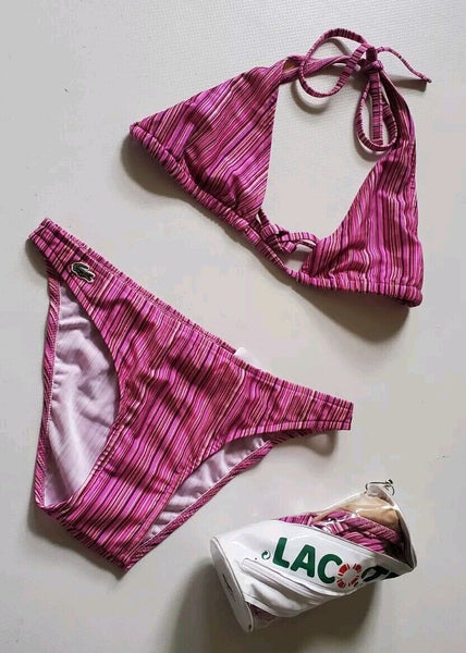 LACOSTE Bikini Swimsuit 2 Piece Halter Neck Size XS Pink Striped New With Pouch