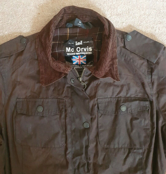 ORVIS Wax Jacket Coat Womens S Brown Waxed Cotton Belted Check Cotton Lined