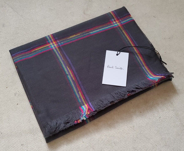 PAUL SMITH Pashmina Scarf Shawl Grey Check Cashmere Wool Made in UK Rrp £189