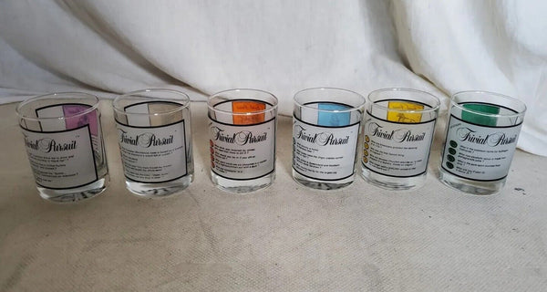 TRIVIAL PURSUIT GLASSES Tumblers Set Of 6 With Stirrers New Unused Vintage 80's