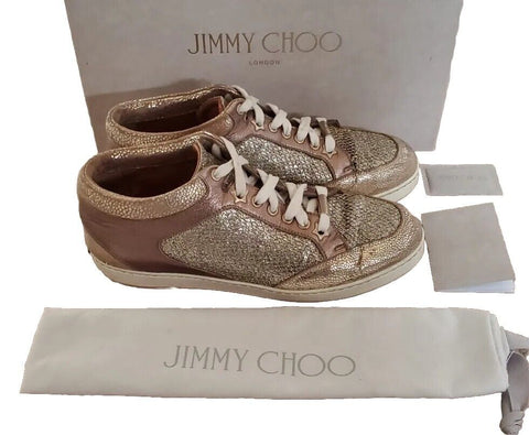 JIMMY CHOO MIAMI TRAINERS SNEAKERS Womens UK 4 EU 37 Champagne Glitter Boxed