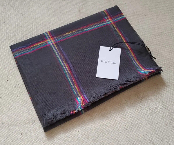 PAUL SMITH SCARF Mens Cashmere Wool Artist Check Grey Made in UK Rrp £165