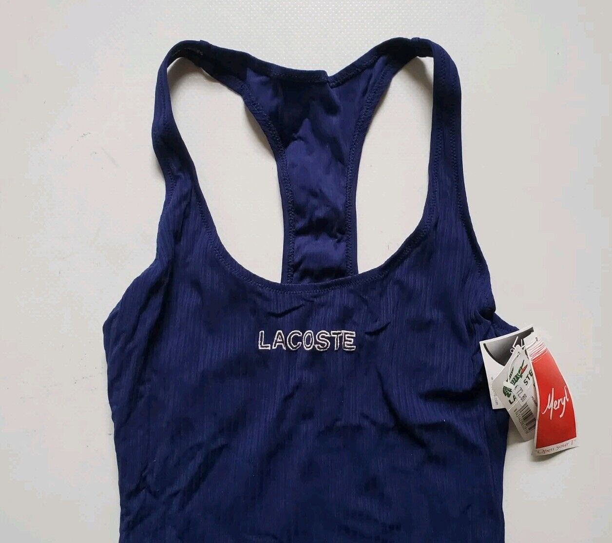 LACOSTE Swimsuit Swimming Costume 1 Piece Size 12 Blue Spellout New With Pouch