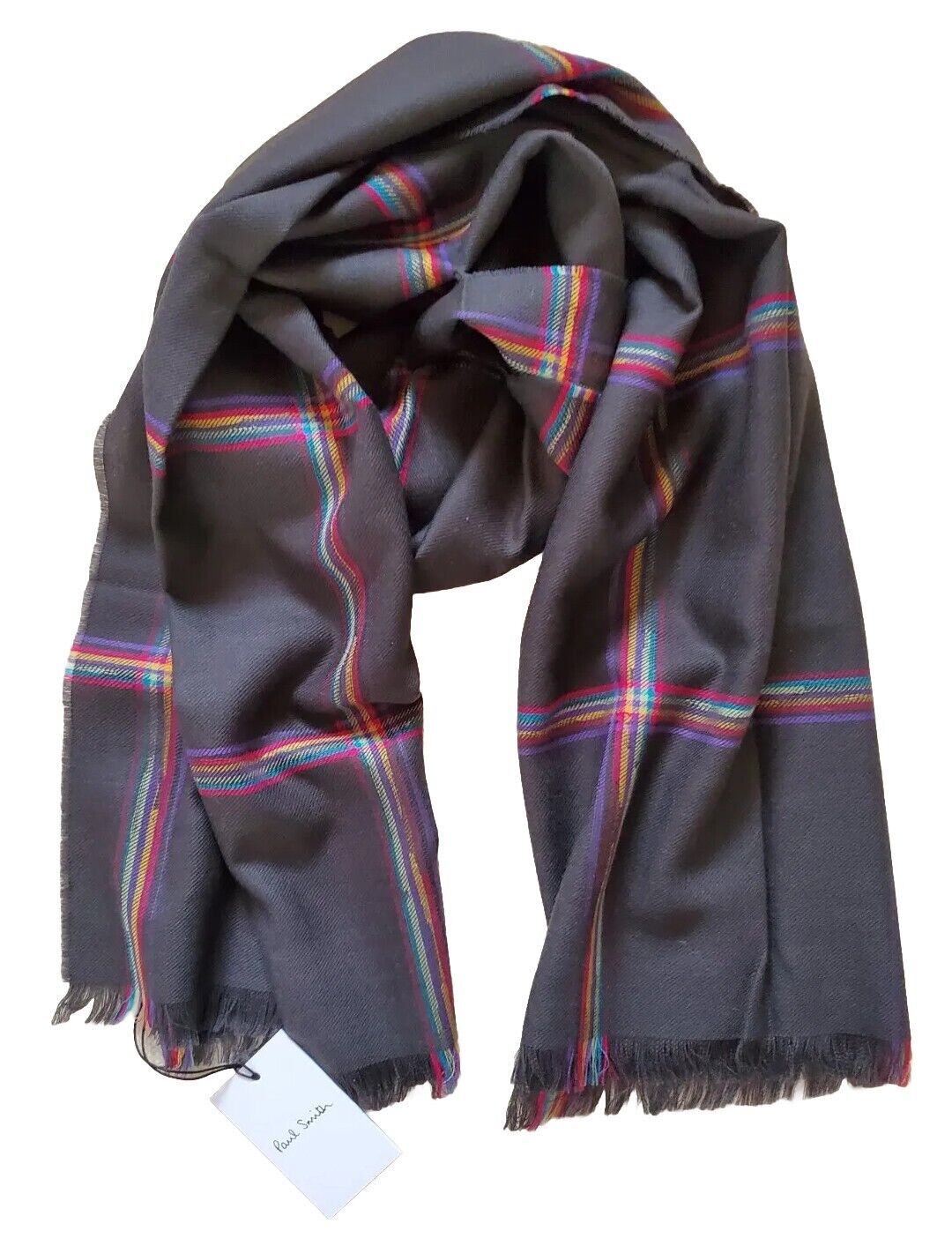 PAUL SMITH SCARF Mens Cashmere Wool Artist Check Grey Made in UK Rrp £165