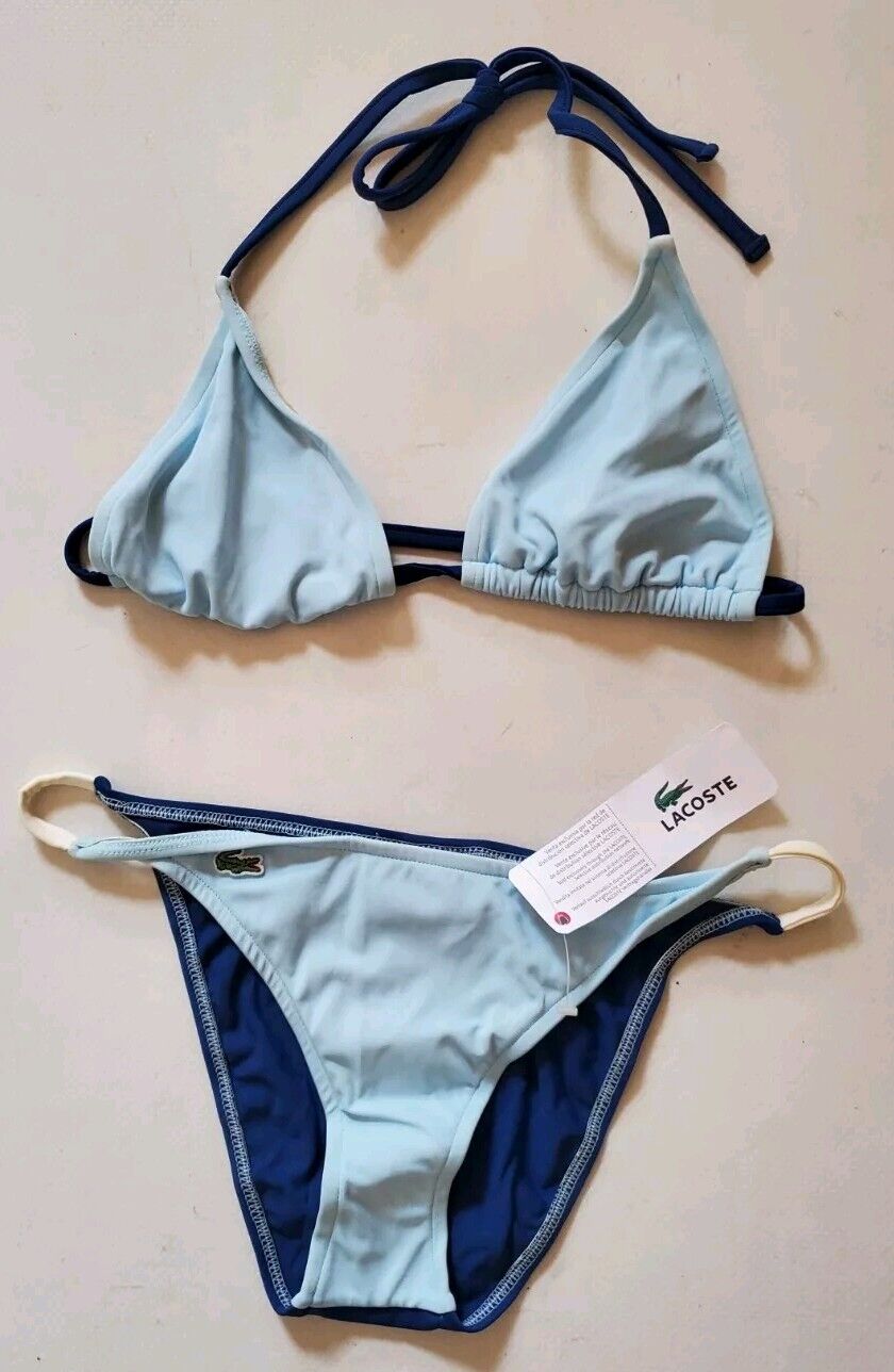 LACOSTE Bikini Swimsuit 2 Piece Size M Twotone Blue Halter Neck New With Pouch