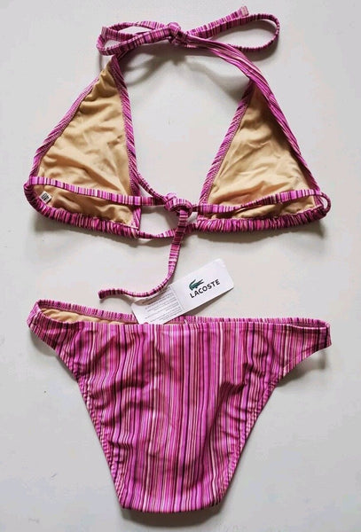 LACOSTE Bikini Swimsuit 2 Piece Halter Neck Size XS Pink Striped New With Pouch