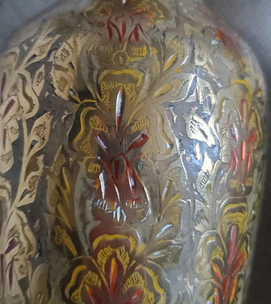 VINTAGE PAIR INDIAN BRASS VASES Water Jugs Brass Etched Hand Painted 1972